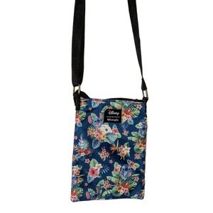 Disney Loungefly Stitch Tropical Floral Blue Canvas‎ Crossbody Passport Bag